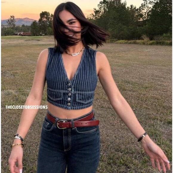 ZARA Cropped Sleeveless Vest NWT | Striped Button-Front Denim Look M - Picture 2 of 16